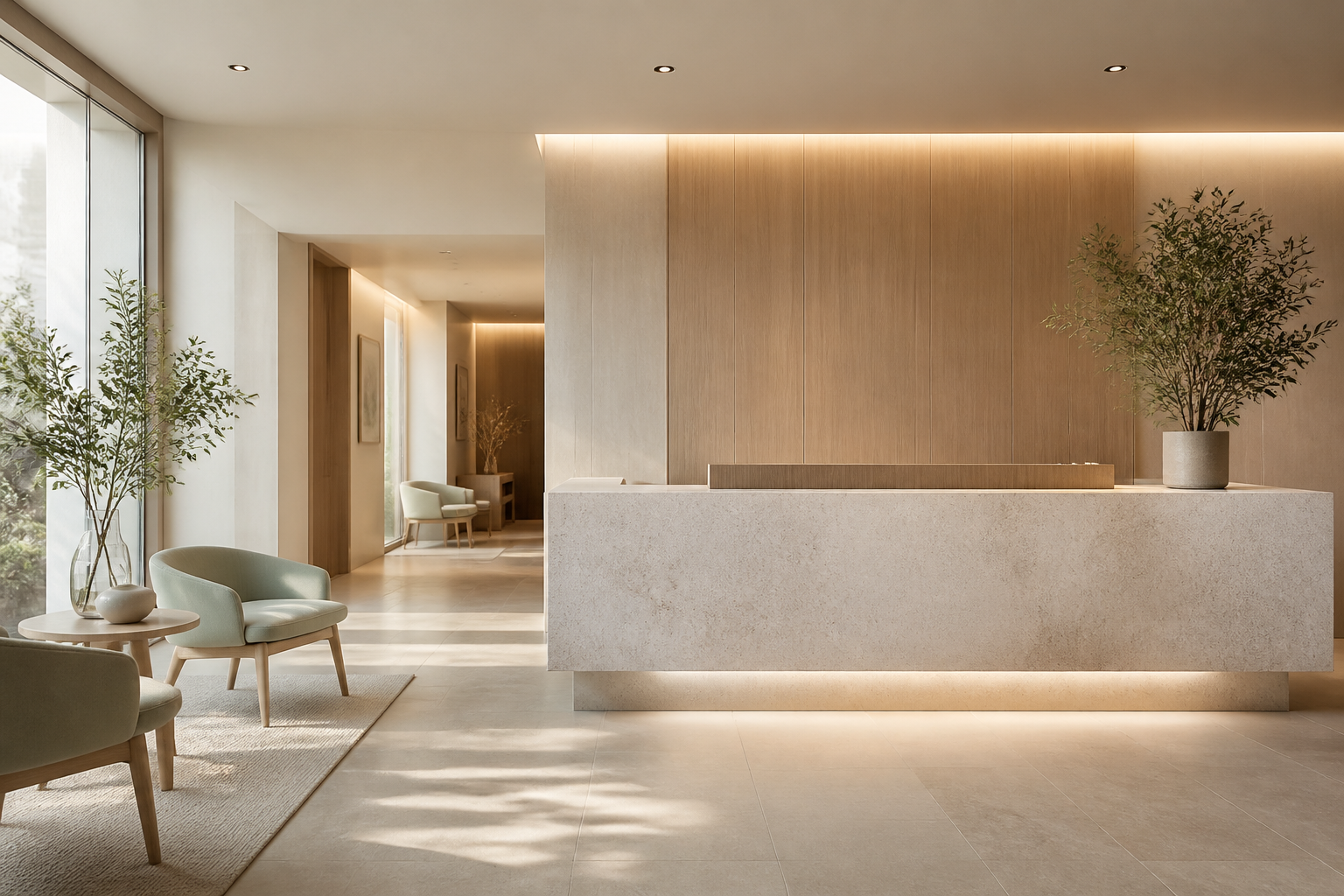 Recepción luminosa de una clínica contemporánea