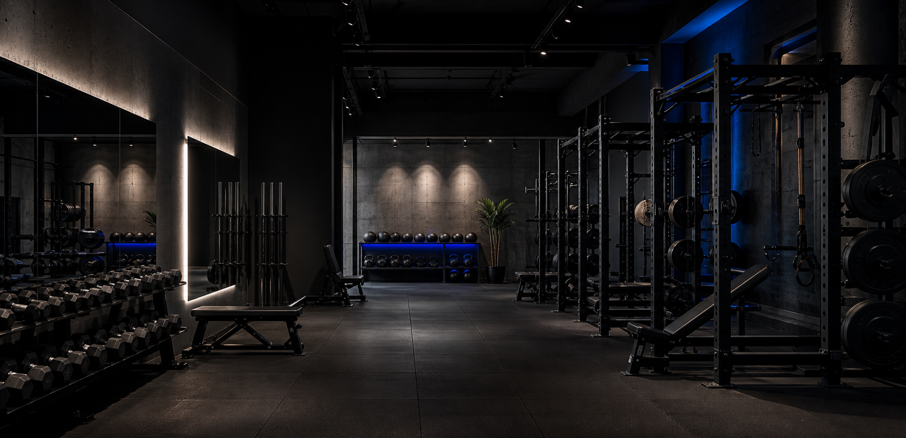 Estudio de entrenamiento moderno con equipamiento oscuro